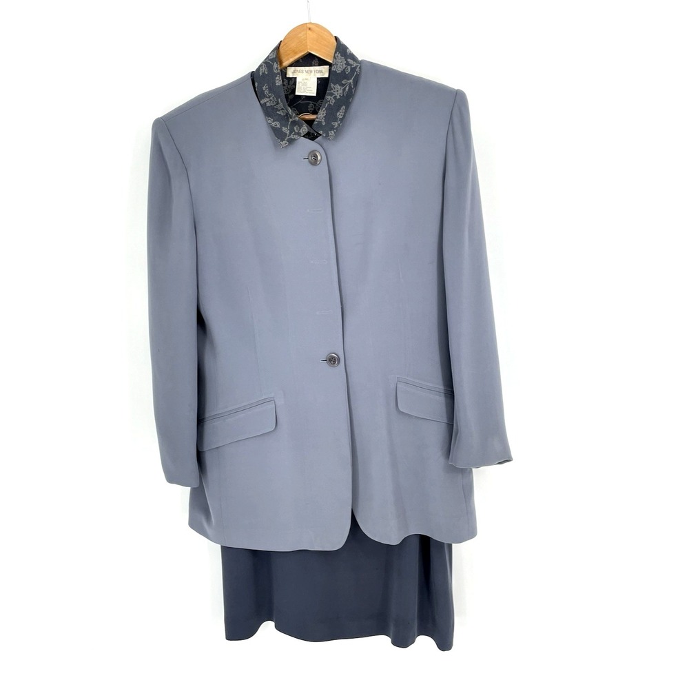 Vtg Jones New York Size 16 Women 100% Silk 3 Piece Skirt Suit Gray Blouse Jacket
